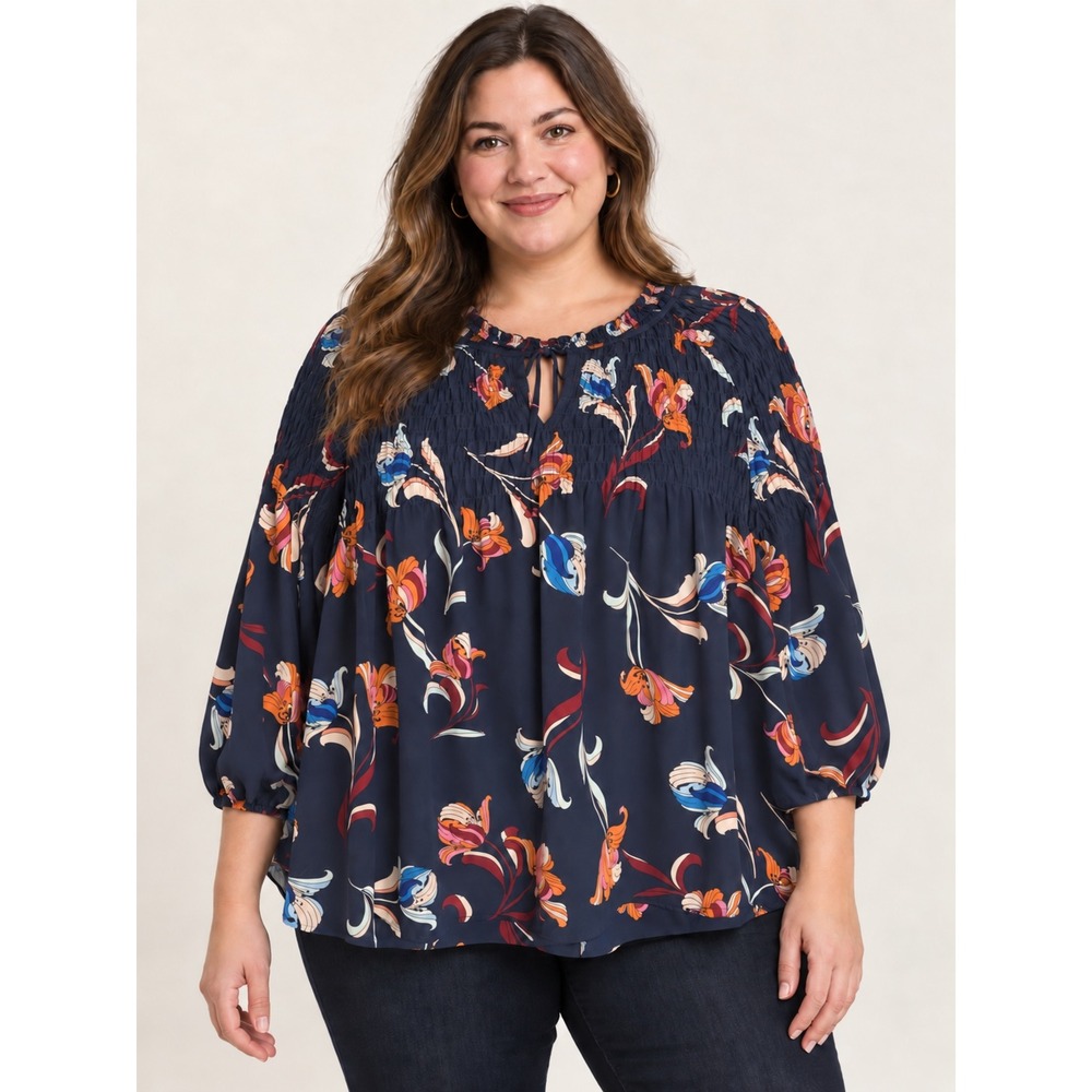 A New Approach ana Womens XL Navy Floral Smocked Blouse 3/4 Sleeve Top